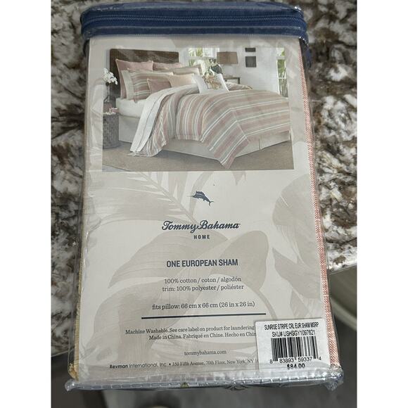 Tommy Bahama Home Pillow Sham Euro Sunrise Stripe 26x26 Coral Tropical Fringe - Picture 2 of 5